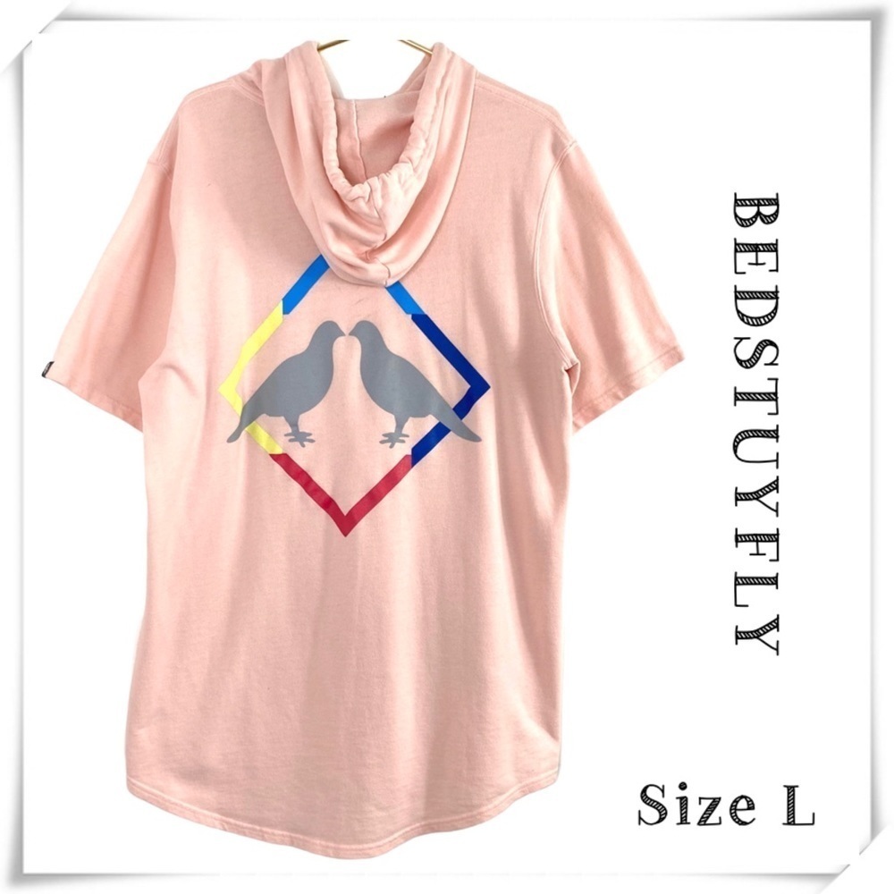 BEDSTUYFLY Birds Logo Short Sleeve Sweatshirt Hoodie in Pink Style GM29Y014